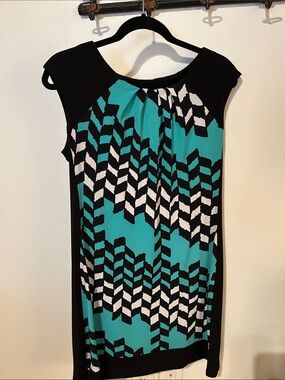 London Times Teal, Black & White Chevron Shift Dress